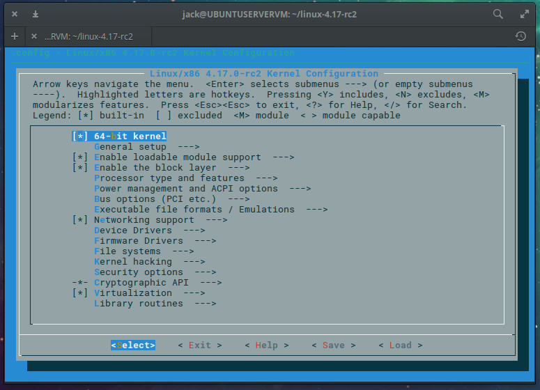 tela do make menuconfig para compilar o kernel linux, a imagem original é da linux.com